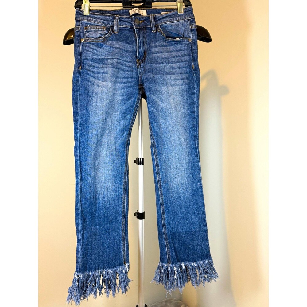 Judy Blue Women's Cropped Jeans Medium Wash Blue Denim Fringe Mid Rise 27